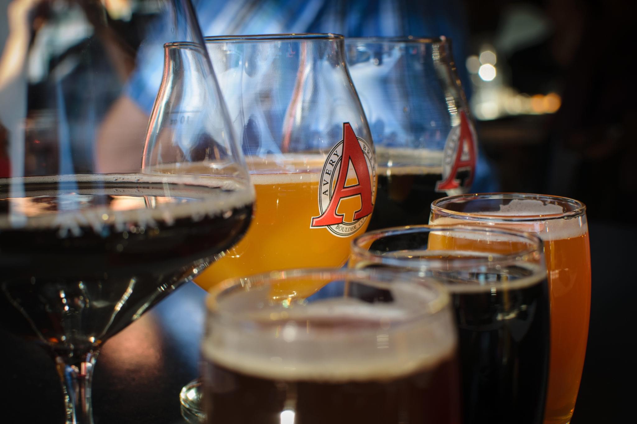 Glasses with Drinks Displayed in a row