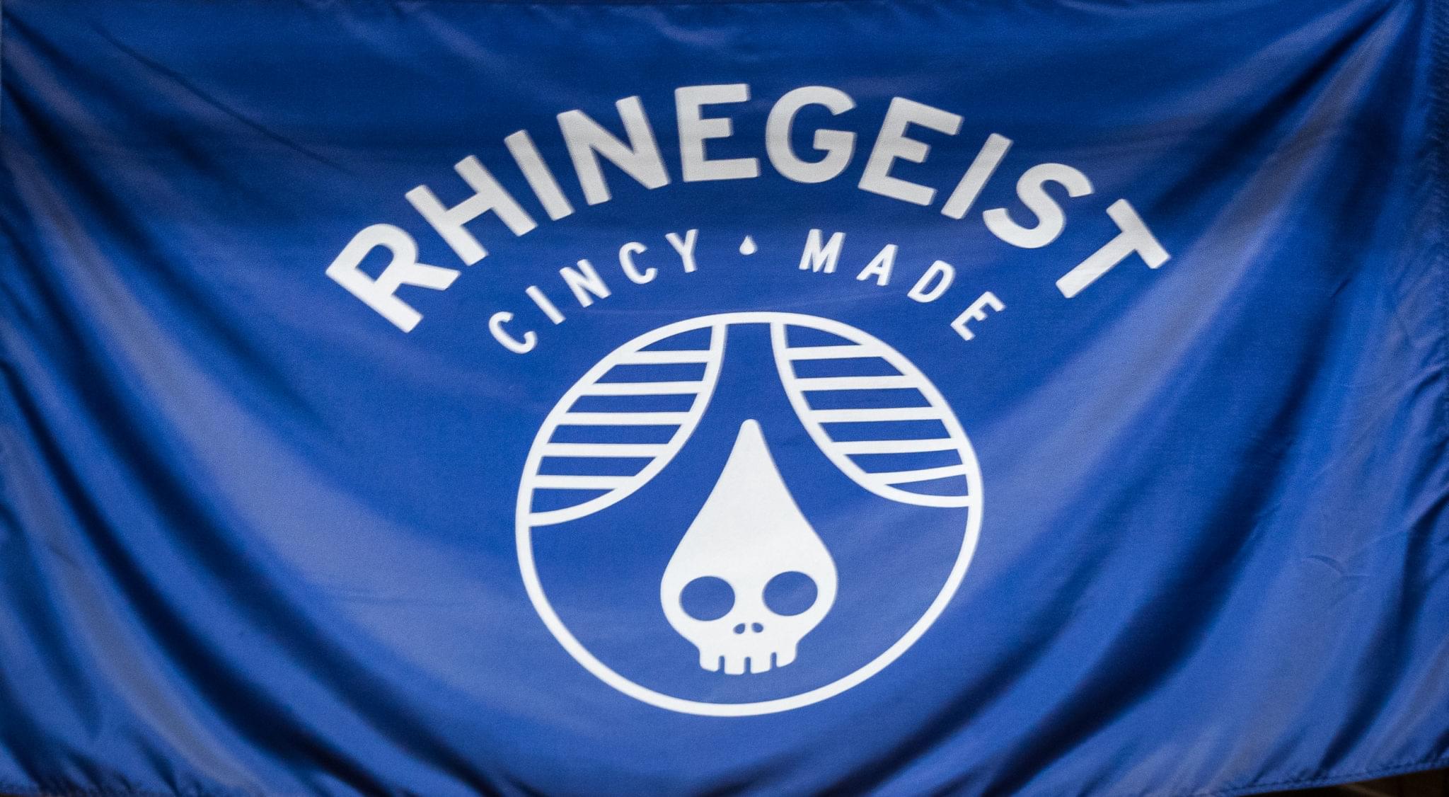 Blue Rhinegeist Brewery logo banner hanging on wall