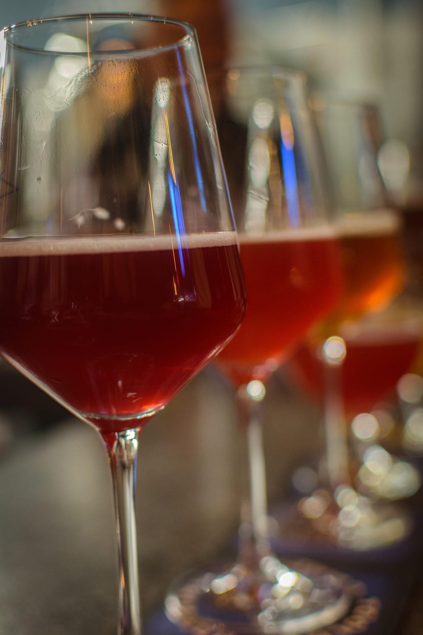 Close-up of a craft beer glass on a brewery bar counter