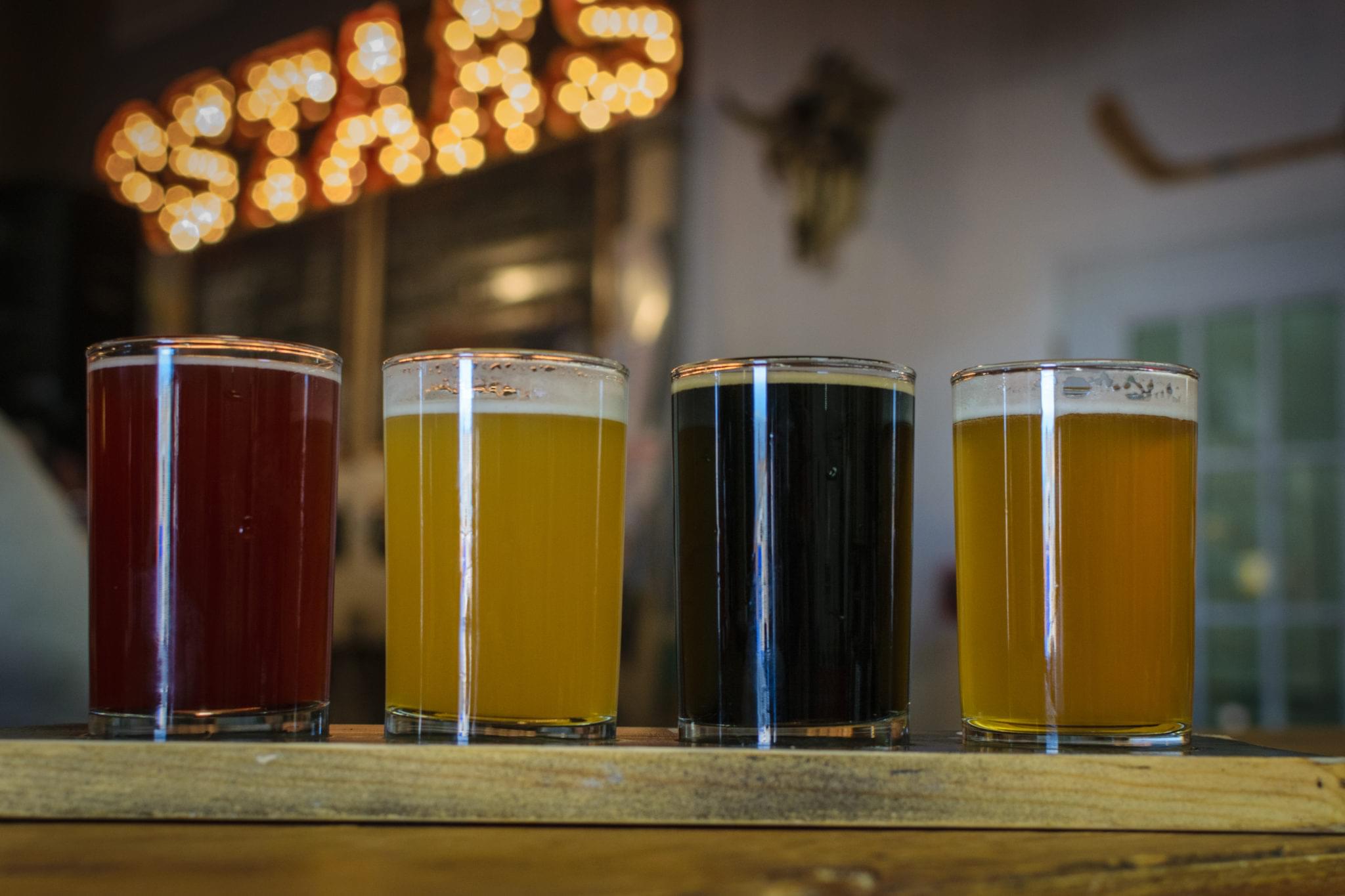 Assorted beer glasses filled with different styles of craft beer